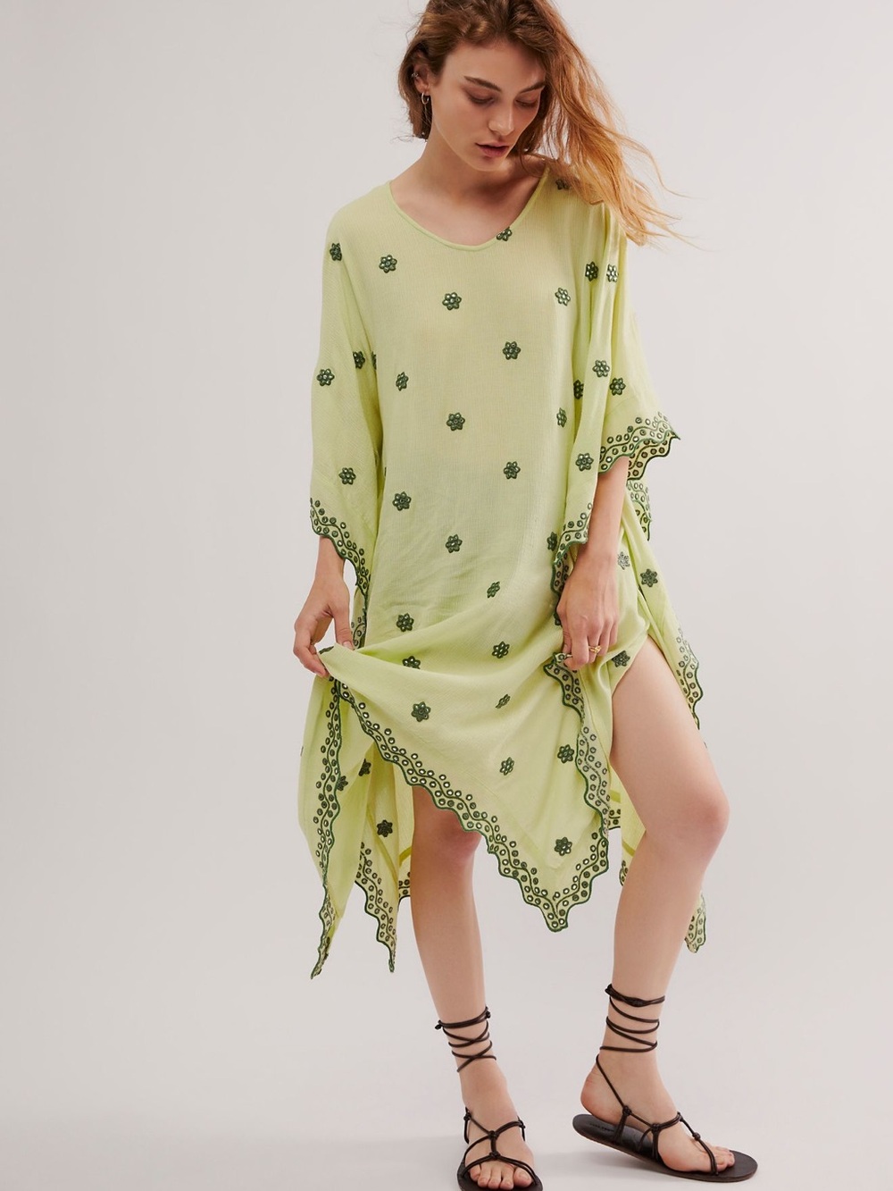 Free People Vaali Mint Green Floral Mirror Work Kaftan Tunic Swim Coverup O/S